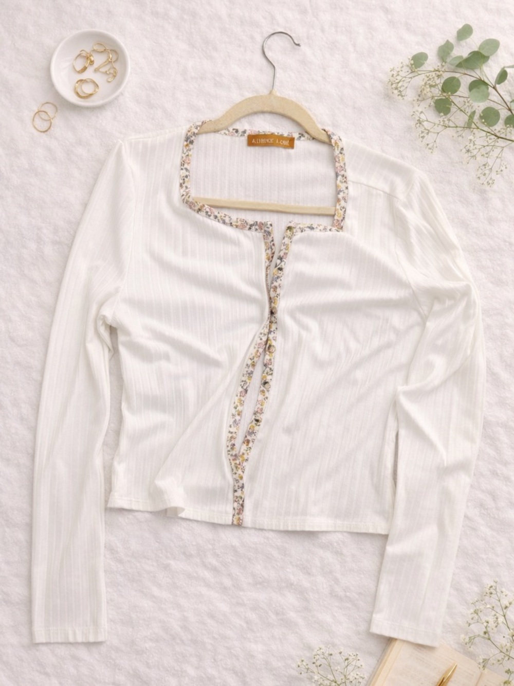 Emmer & Oat Cream Ribbed Floral Trim Button Front Top Long Sleeve
